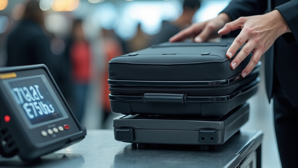 Carry-on luggage being weighed on a scale at an airline check-in counter