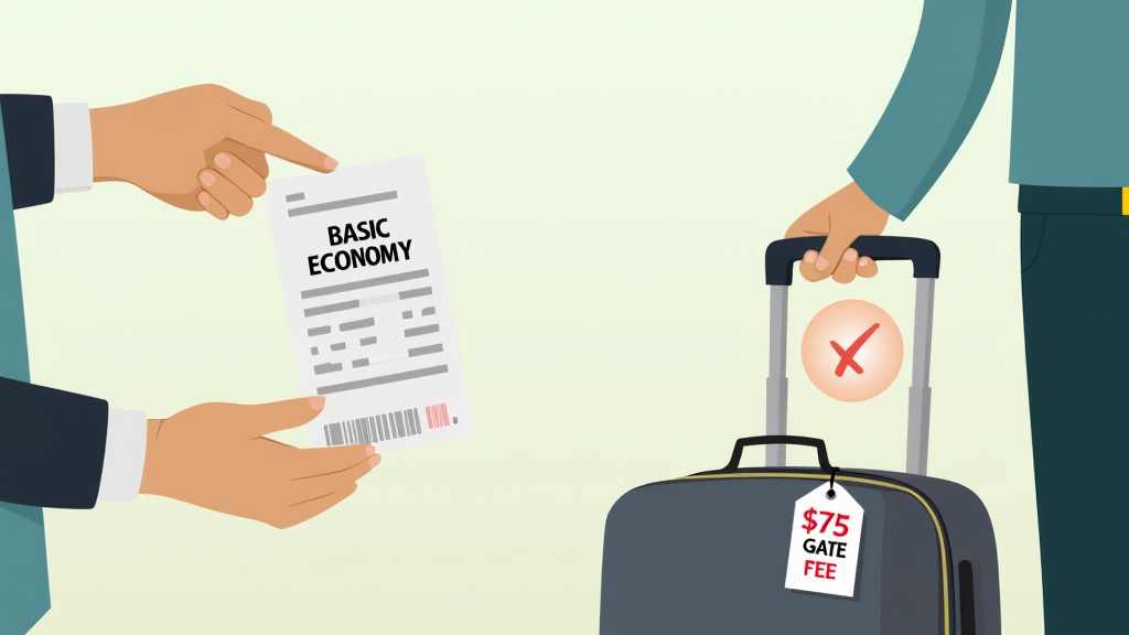 Basic Economy ticket with a prohibited carry-on suitcase and a $75 fee.