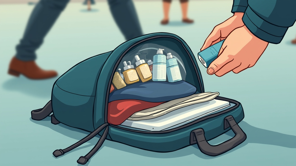 Packing a heavy personal item bag with power banks and TSA liquids for carry-on.