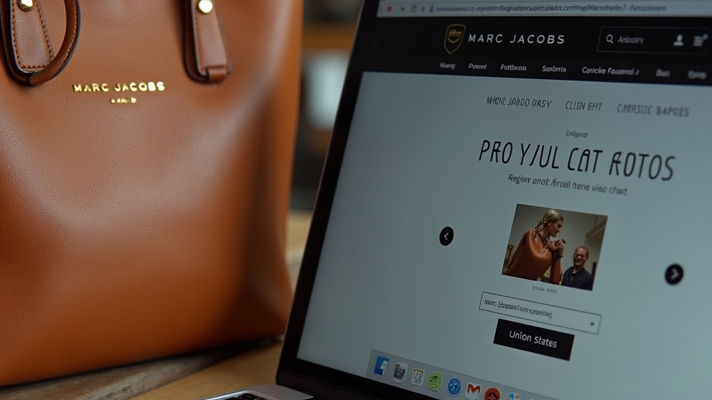 Marc Jacobs official website region selector and authentic tote bag close-up