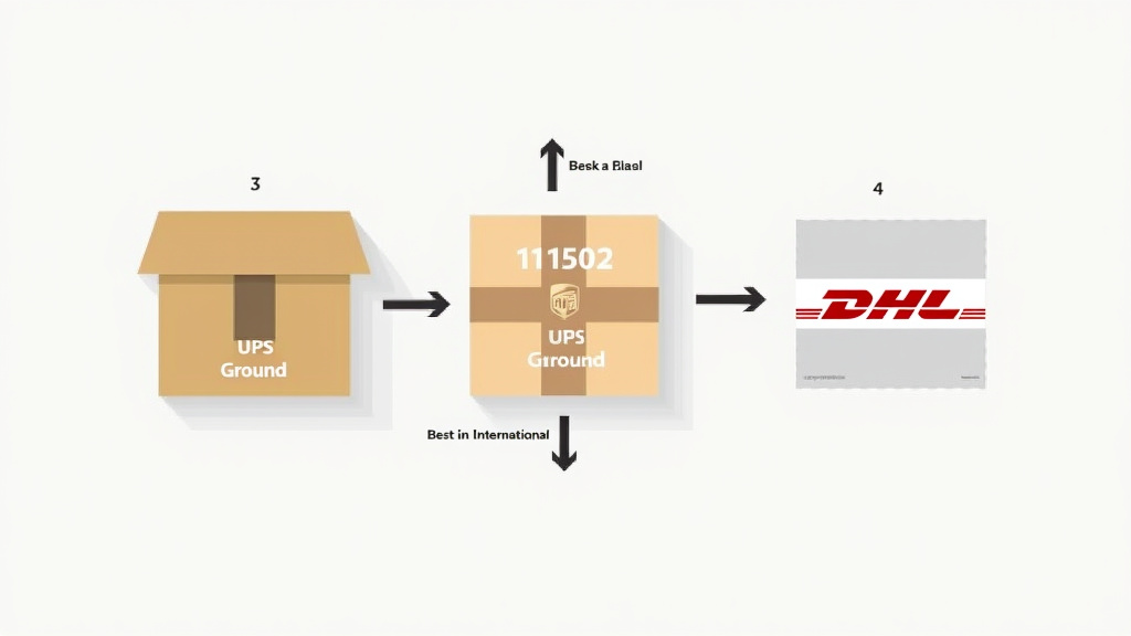Comparison diagram of USPS, UPS, and DHL shipping labels on a suitcase box.