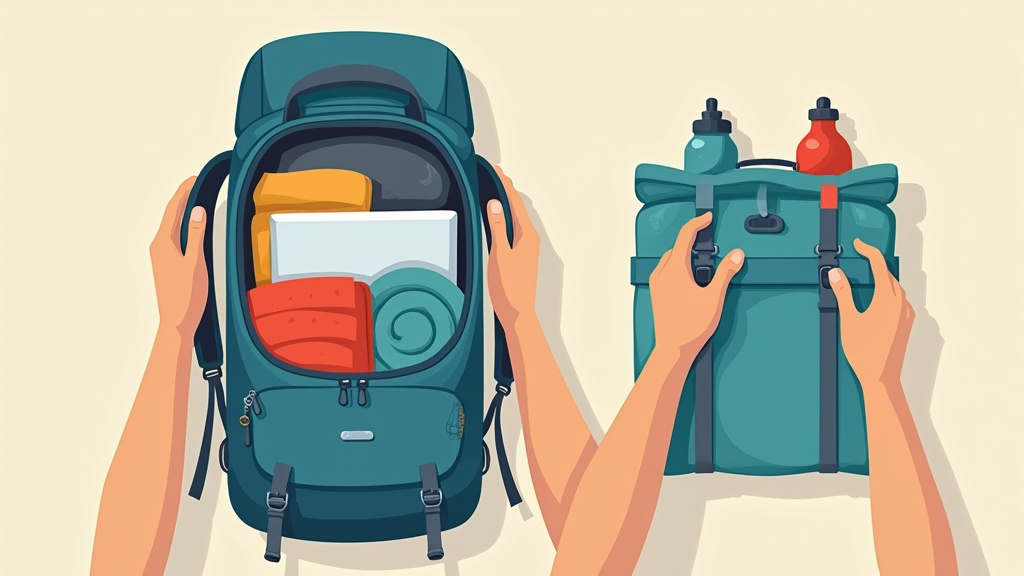 Close-up illustration of a 30L backpack being packed for various uses.