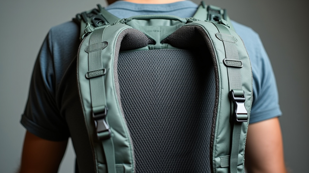 Close-up of a 26L backpack's ventilated mesh back panel and sternum strap.