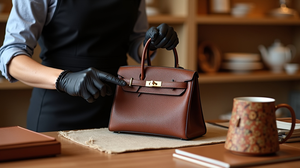 Hermès Birkin bag presented alongside scarves and homeware on boutique counter.