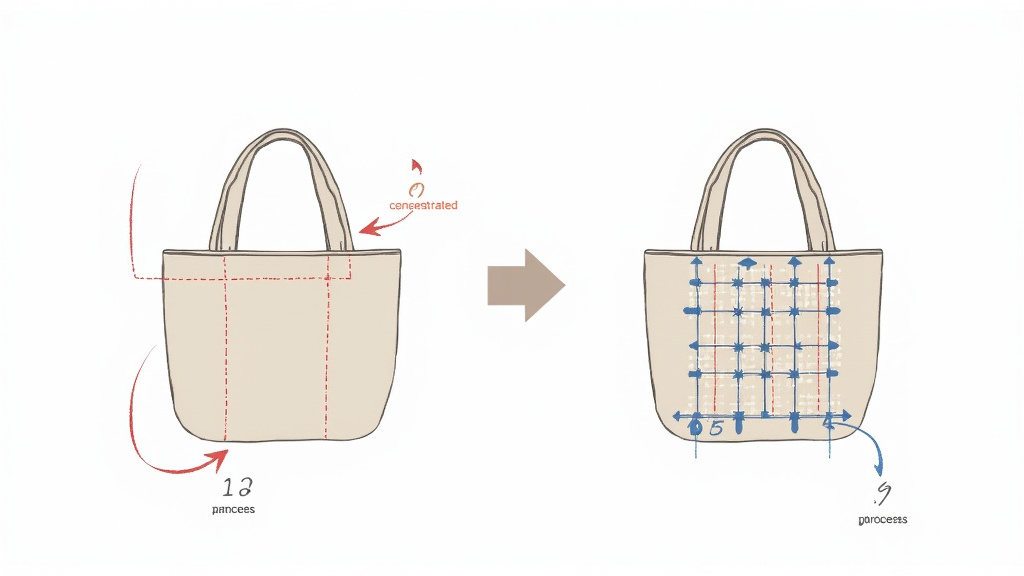 Diagram comparing weak straight stitching versus strong bar-tack stitching on a tote bag handle.