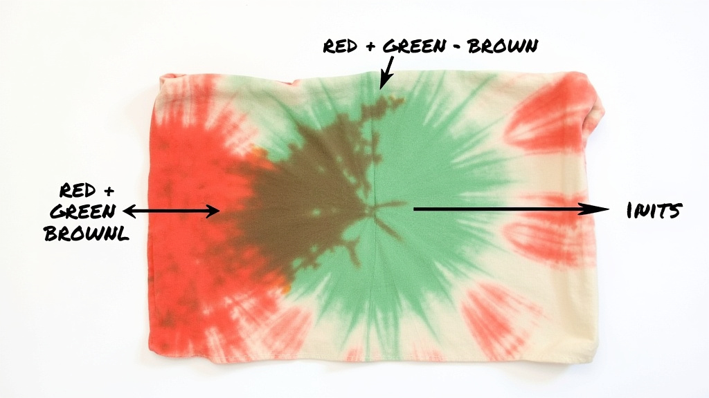 Tie dye color wheel diagram showing red and green mixing to brown on tote bag.