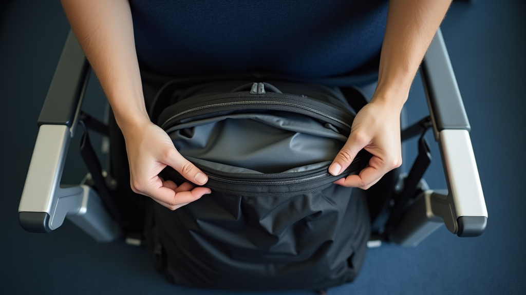 Properly sized personal item backpack fitting under an airplane seat for carry on.