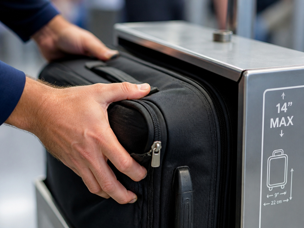 Oversized carry-on luggage failing to fit into a strict airline sizer box