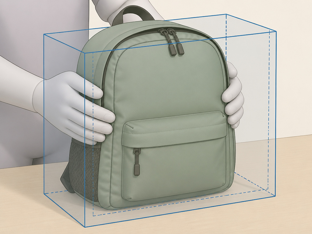 20L backpack being measured against a budget airline sizer box.