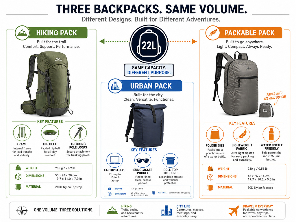 Comparison of hiking, urban, and packable 22-liter backpack styles and features.