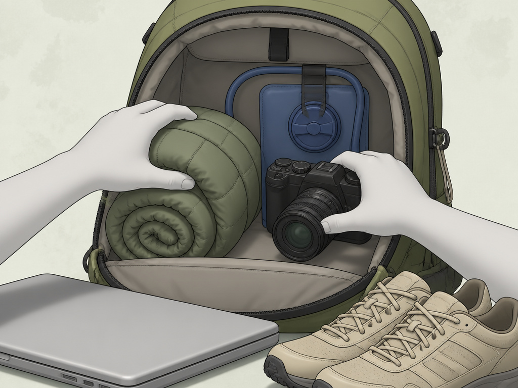 30L backpack capacity shown with hiking gear, laptop, and shoes diagram.