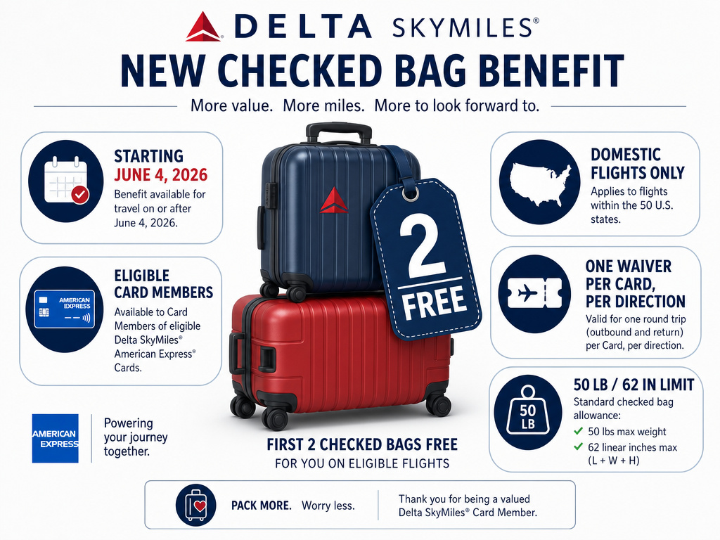 Delta SkyMiles Amex card second free checked bag rule infographic for 2026