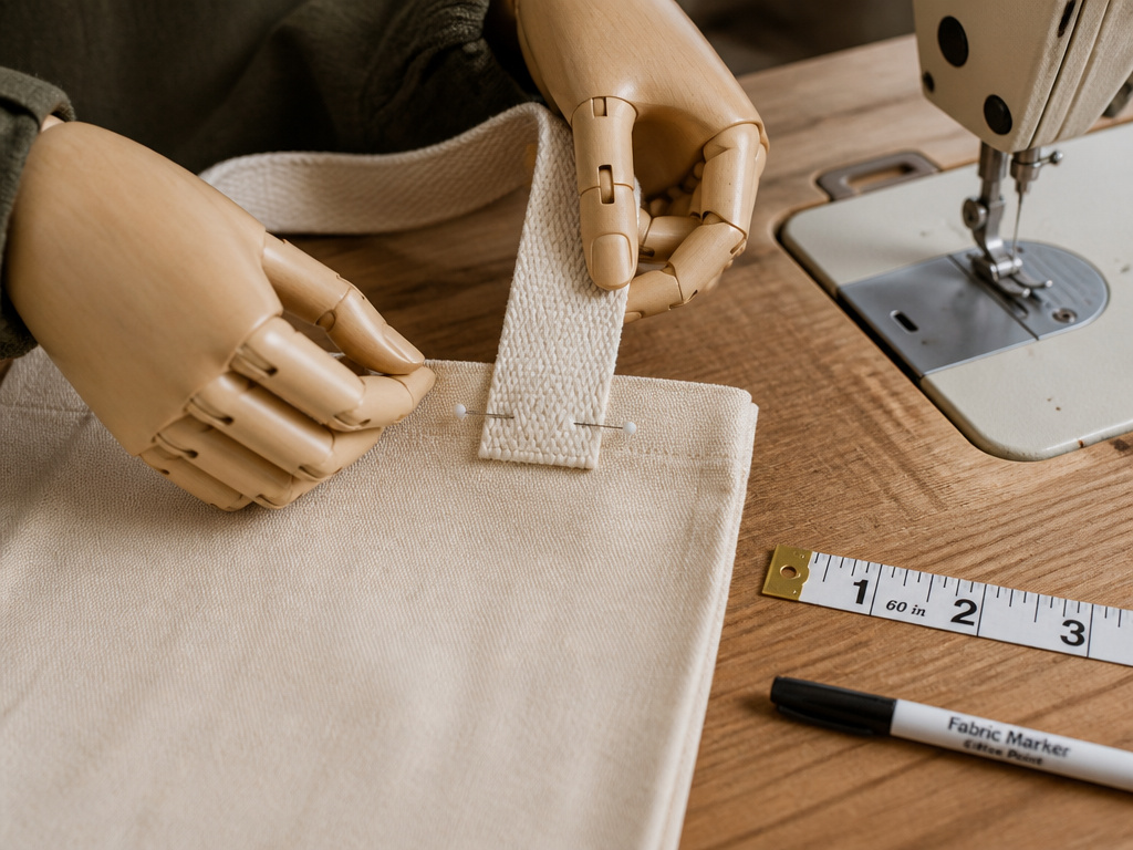 Attaching a pre-made strap to a handmade canvas tote bag.