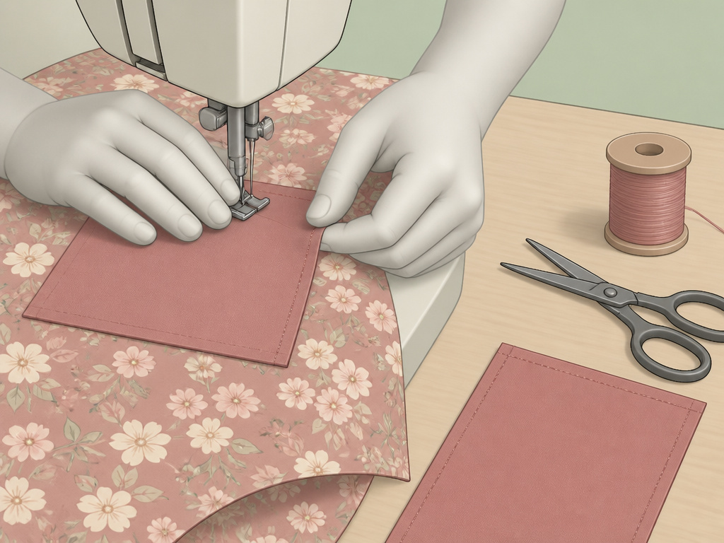 Sewing a slip pocket onto lining fabric for a lined tote bag.