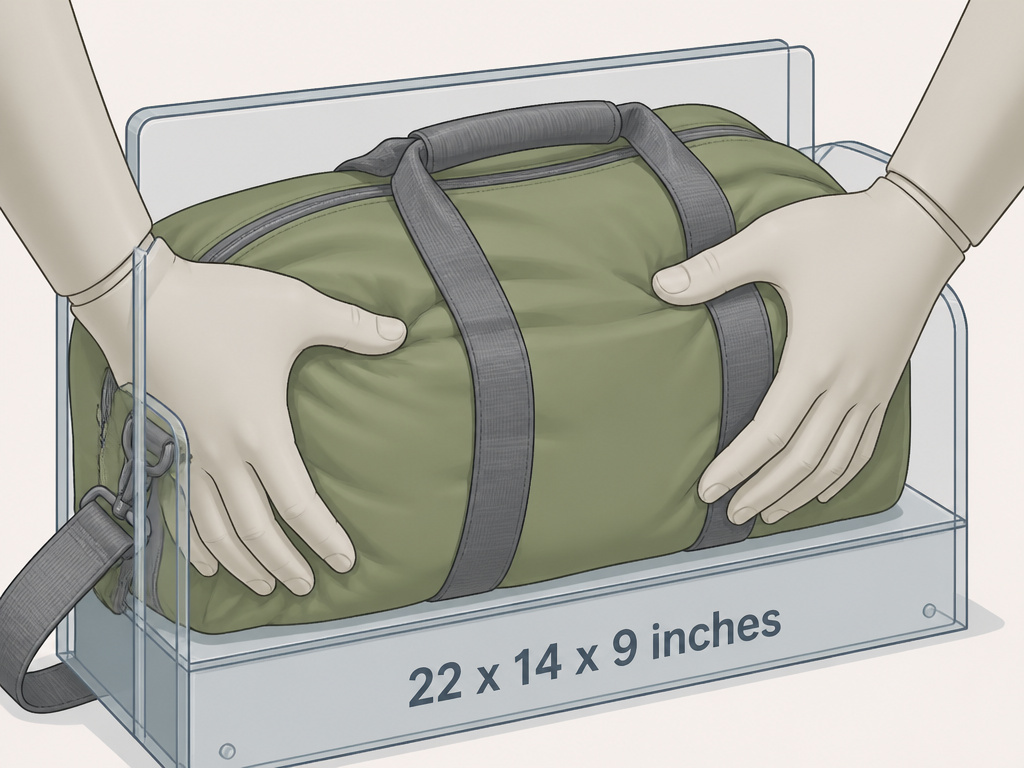 Duffel bag compressed to fit airline carry-on size sizer frame