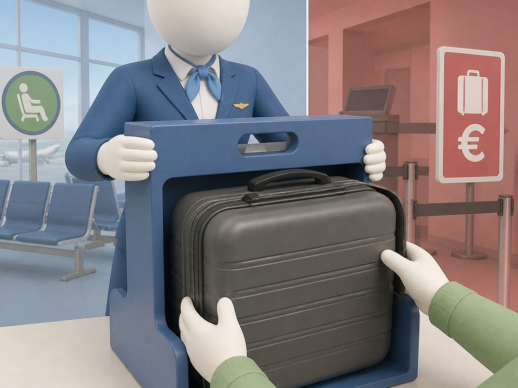 Measuring a carry-on bag against an airline sizer box at the gate