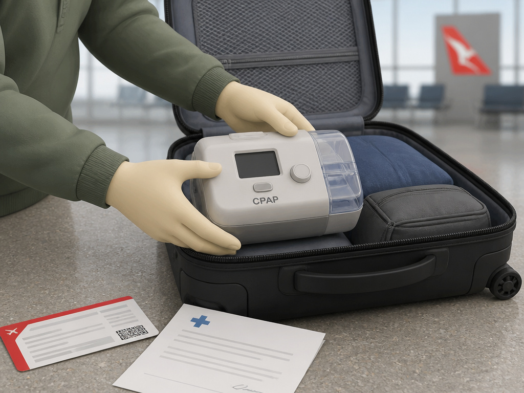 Traveler packing a CPAP machine into carry-on luggage for a flight.
