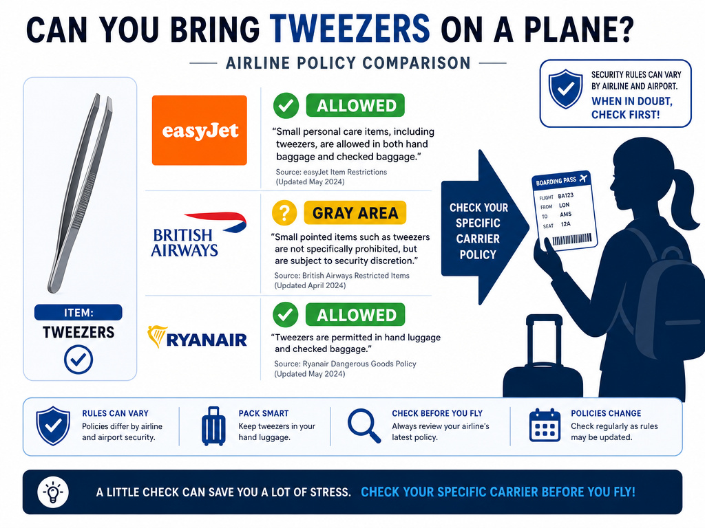 Infographic comparing tweezers carry-on policies for EasyJet, British Airways, and Ryanair.