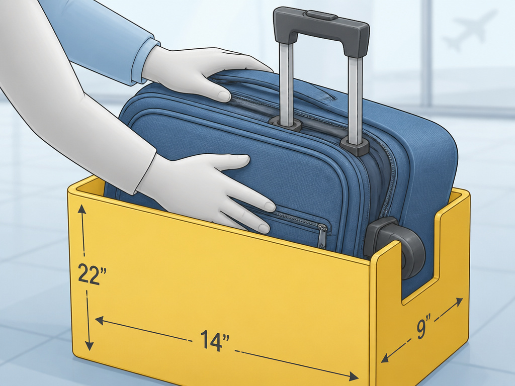 Carry-on luggage being measured in a strict airline gate sizer.