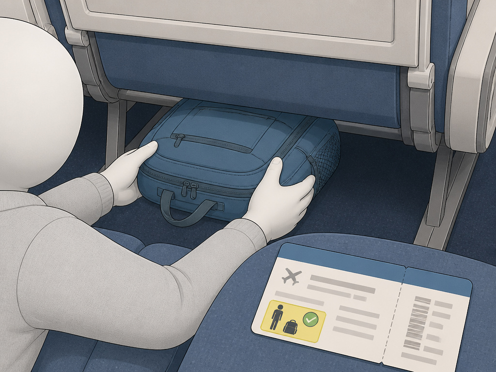 Backpack fitting under airplane seat per airline carry-on policies.