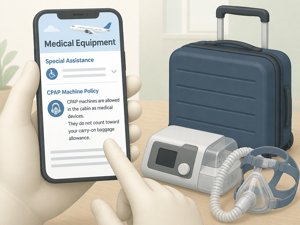 Checking an airline's medical equipment policy page for CPAP carry-on rules.