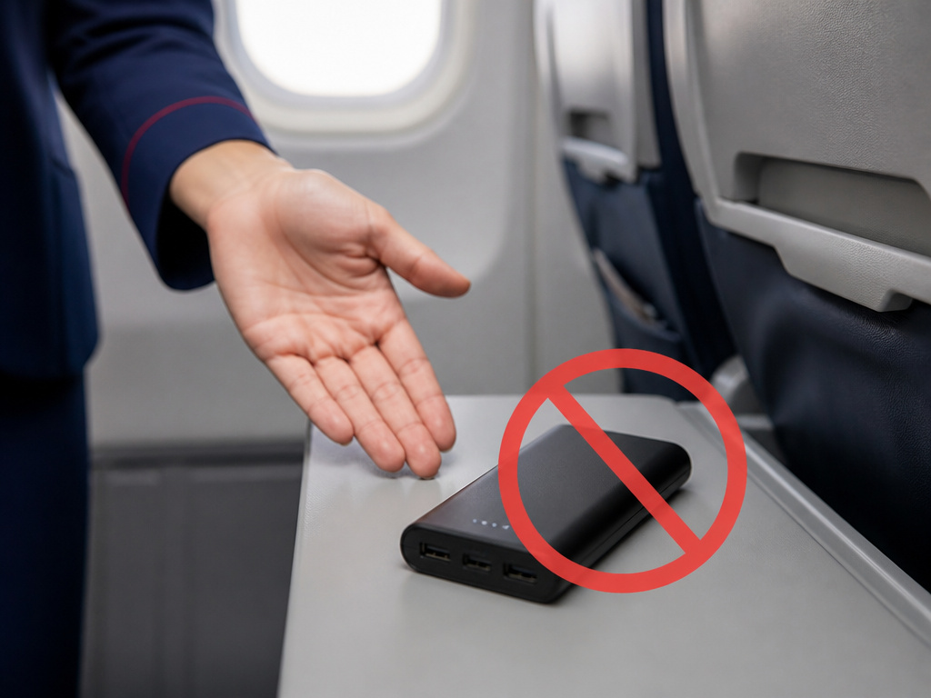 Airline policy prohibiting power bank use during a flight on a plane.