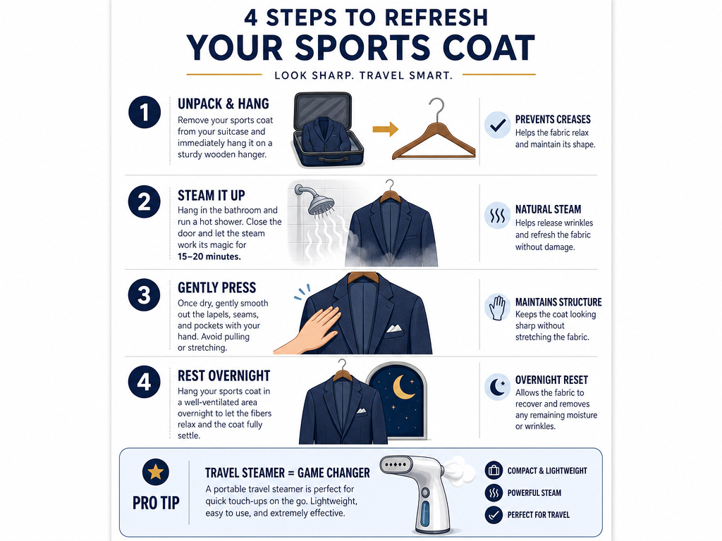 Four-step hotel recovery infographic for a wrinkled travel sports coat.