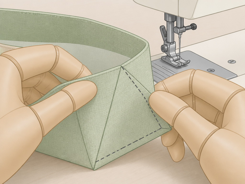 Close-up of hands boxing a corner on a tote bag during assembly.