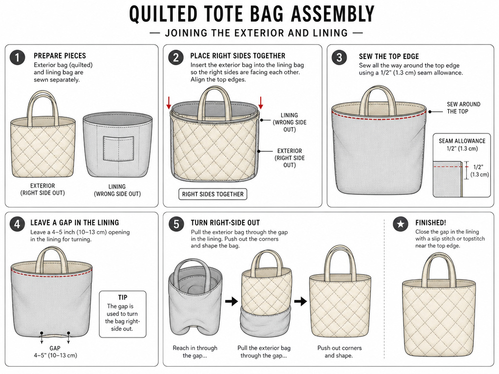 Diagram showing the assembly process for a lined, quilted tote bag.