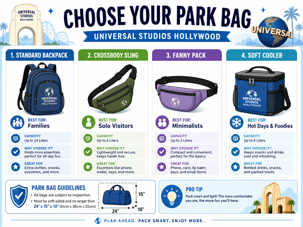 Infographic comparing backpack, sling, fanny pack, and cooler for Universal Studios.