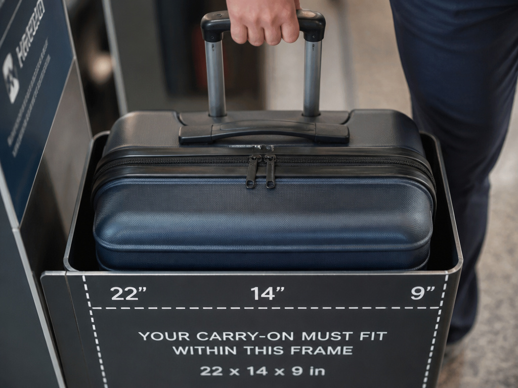 22-inch carry-on luggage fitting precisely within a standard airline size checker.