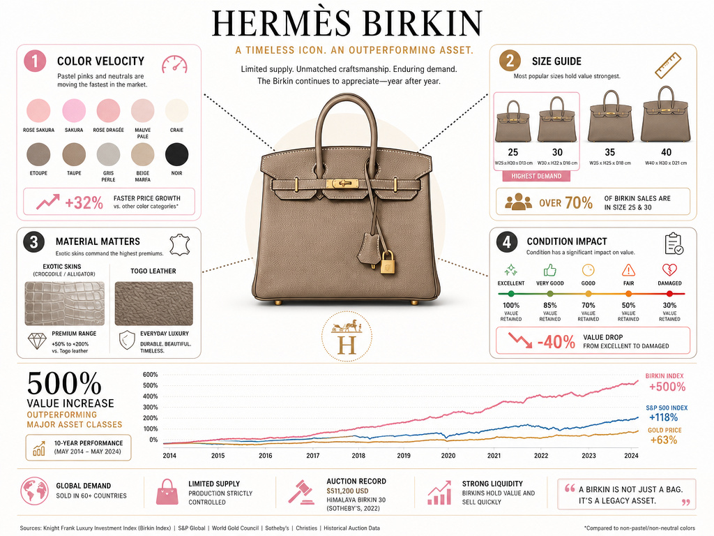Infographic analyzing Birkin bag as investment asset, showing value drivers like color, size, and material.