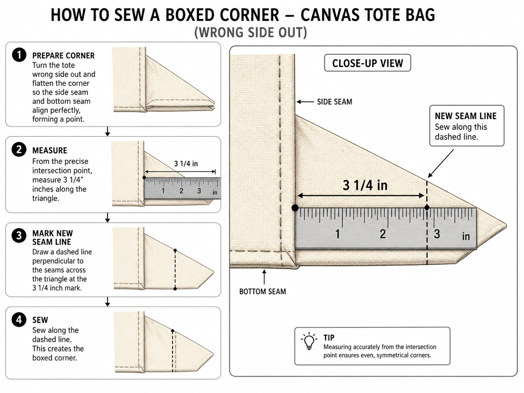 Diagram showing how to measure and mark a tote bag corner for boxing