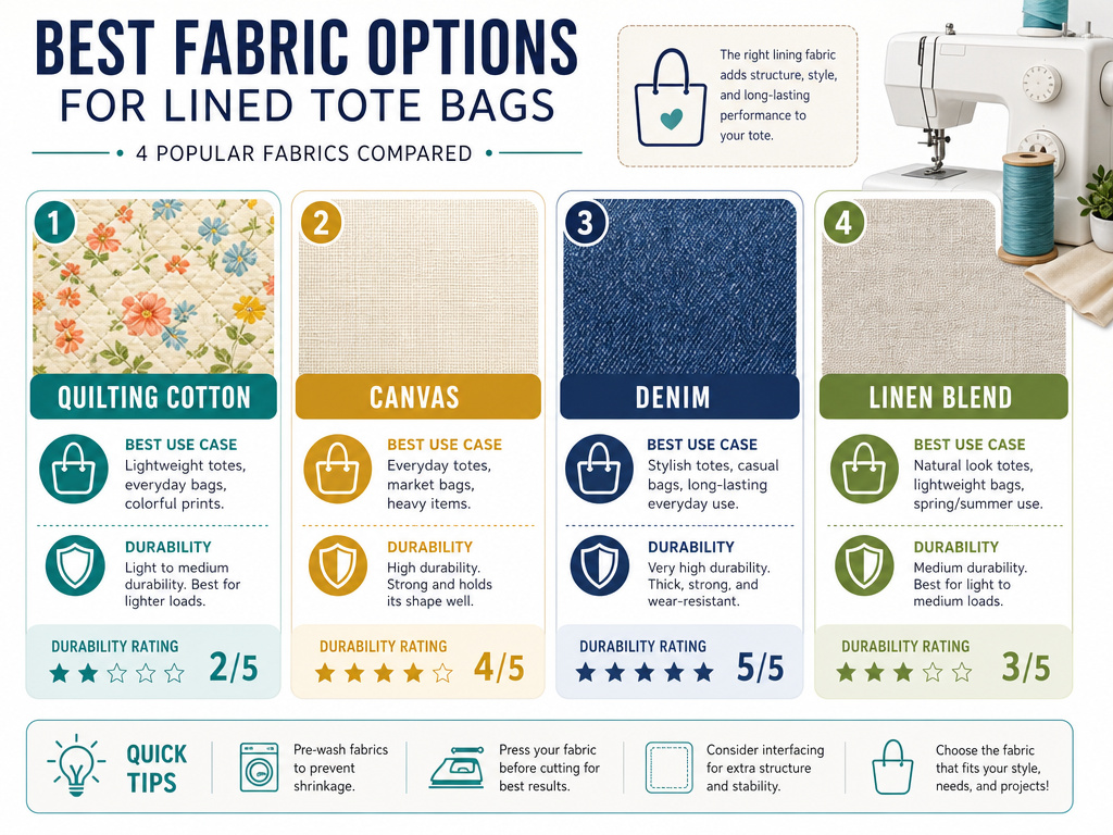 Fabric comparison chart for choosing material to sew a lined tote bag.
