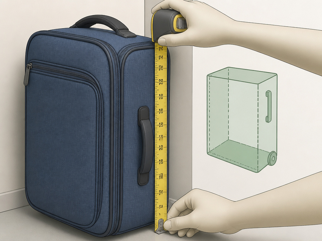 Measuring a carry-on suitcase height with a tape measure against a wall.