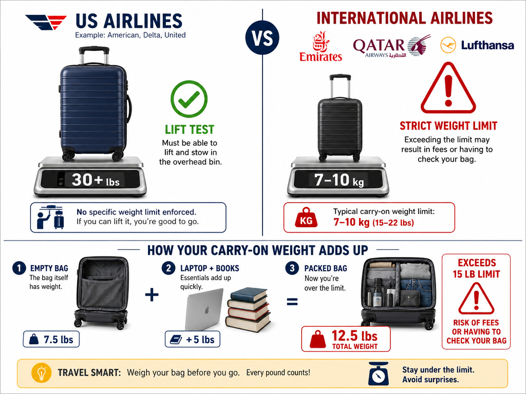 Comparison chart of airline carry-on weight limits for US versus international flights.