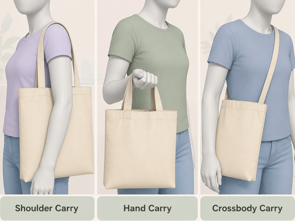 Three methods for carrying a tote bag: shoulder, hand, and crossbody.