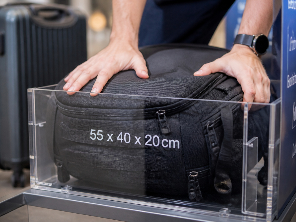 Soft-sided cabin bag being compressed into an airline size checker