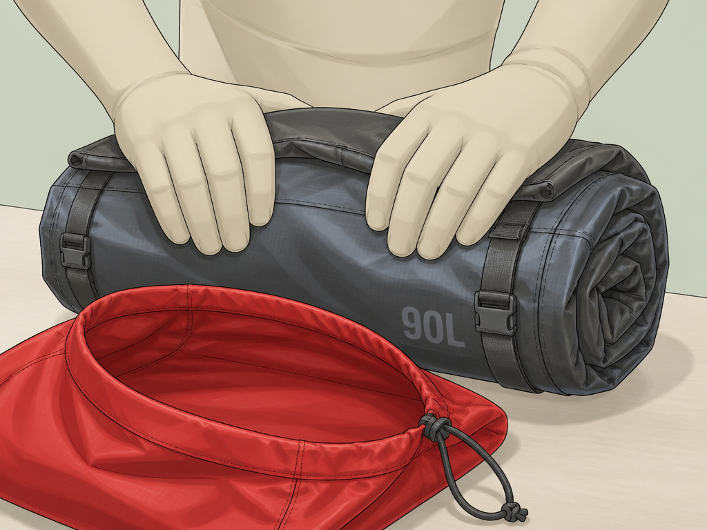 Cartoon diagram showing how to compress a large Black Hole duffel into its pouch.