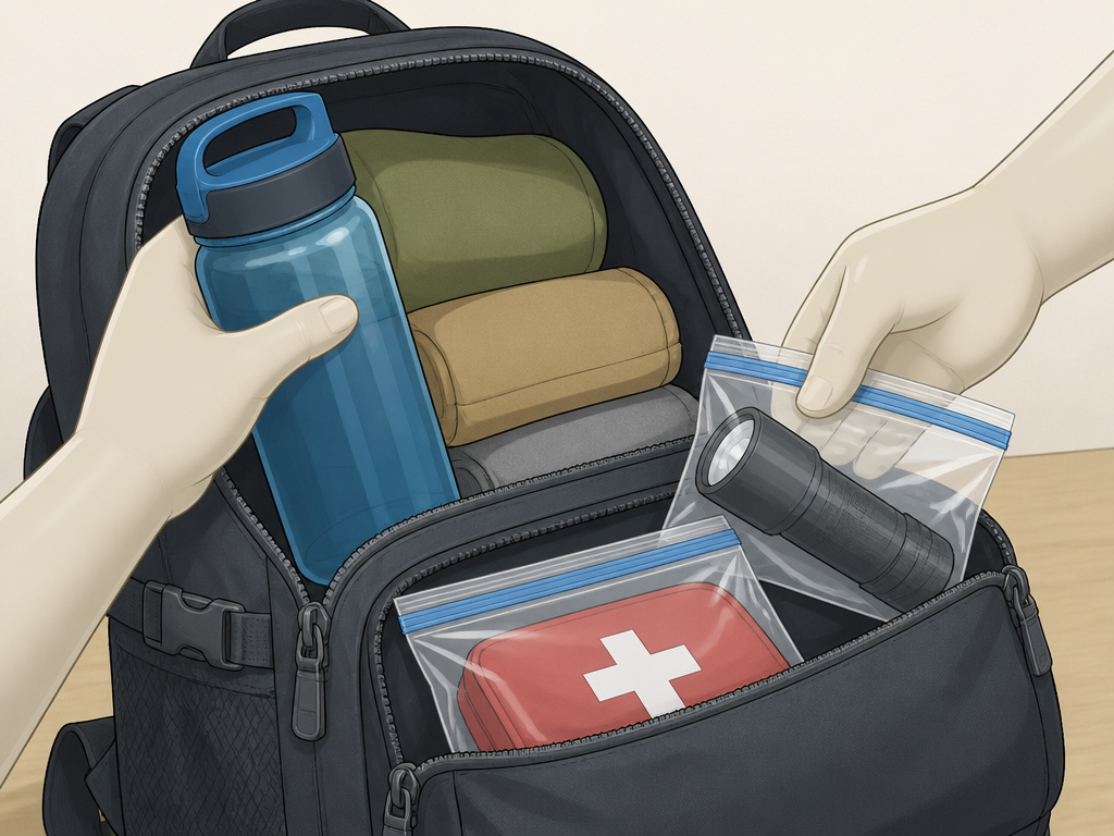 Hands packing a survival go bag with organized compartments and supplies.