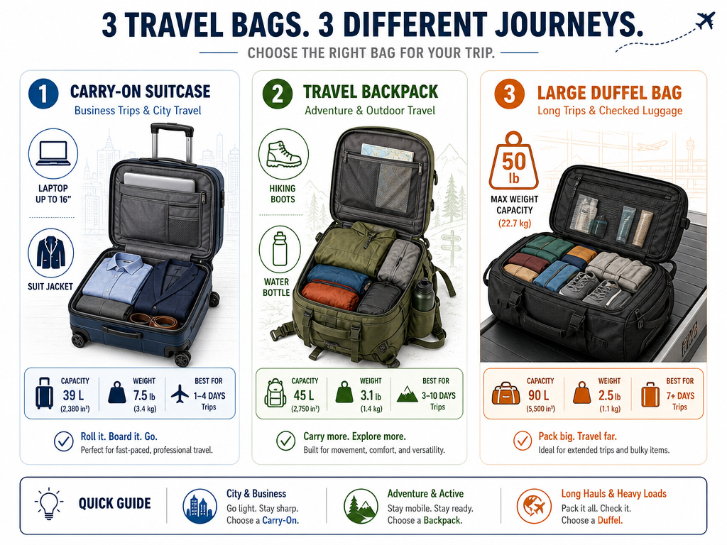 Three types of travel bags for urban, adventure, and long-term trips.
