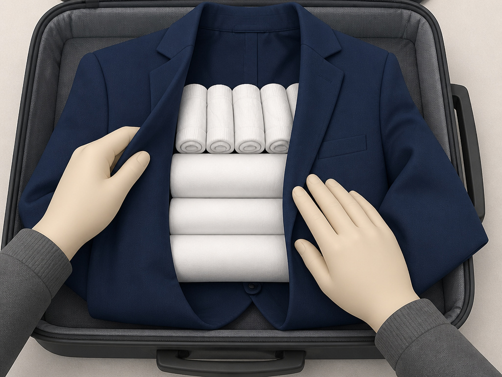 Step-by-step diagram of bundle wrapping a suit in a suitcase to prevent wrinkles.