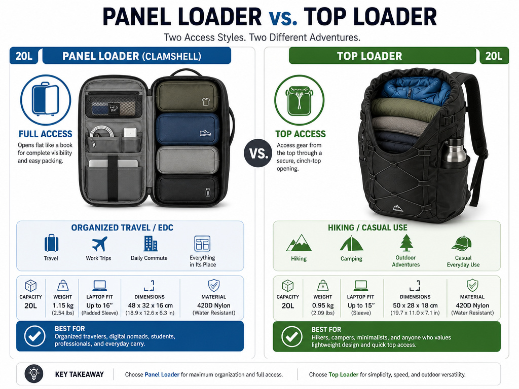 Panel loader vs top loader 20L backpack comparison for travel and hiking