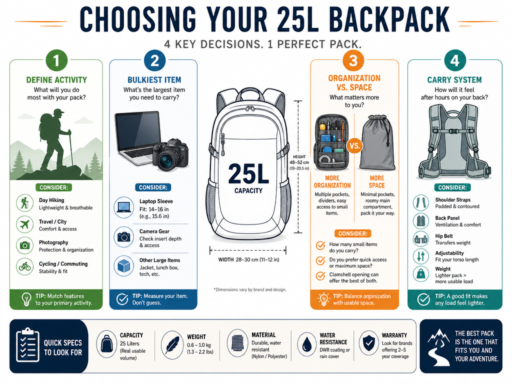 Infographic decision framework for selecting a 25 liter backpack.