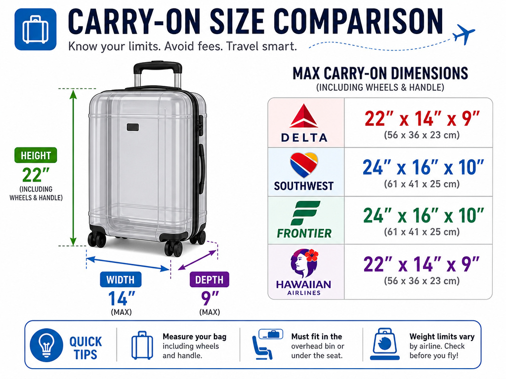 Airline carry-on luggage size comparison chart for Delta, Southwest, Frontier, Hawaiian.