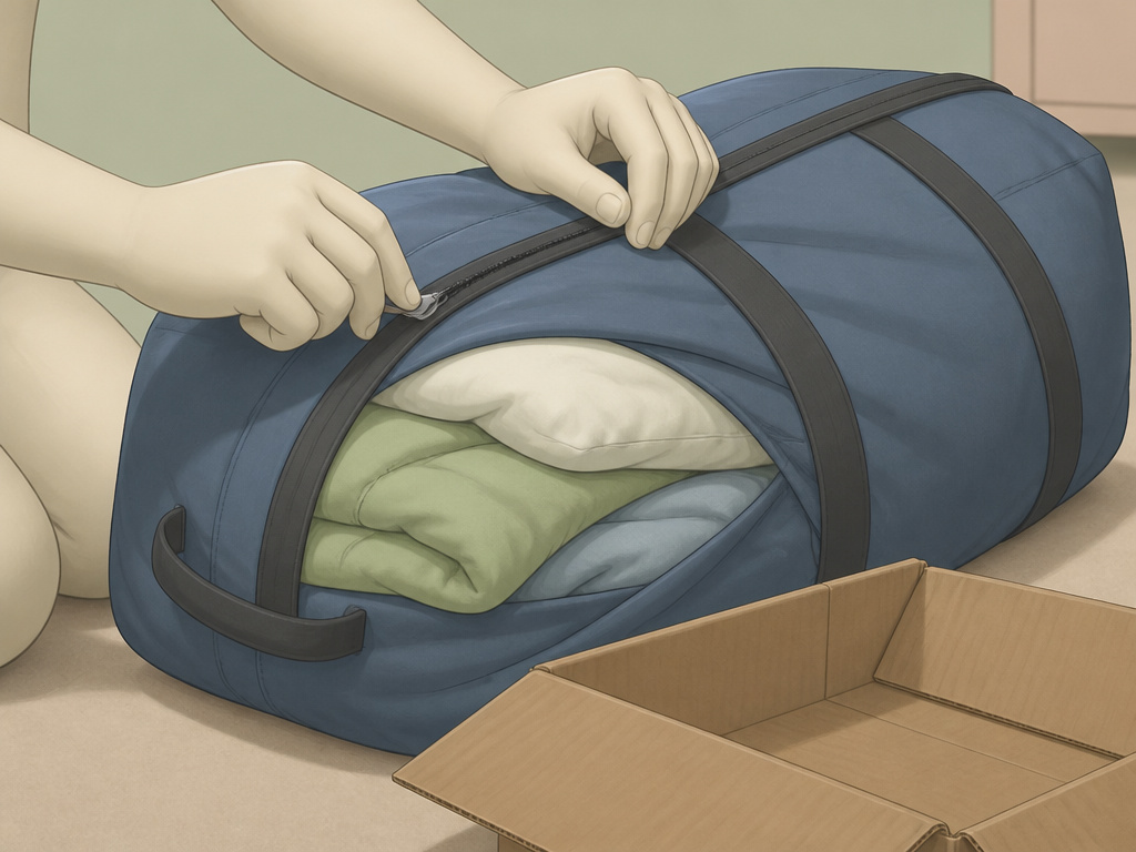 Hands packing pillows and blankets into a duffel bag for moving.