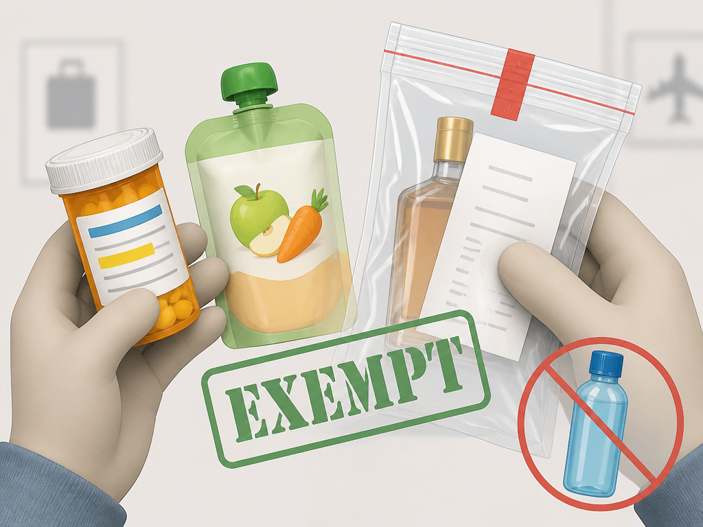 Exempt carry-on liquids: medication, baby food, and sealed duty-free items.