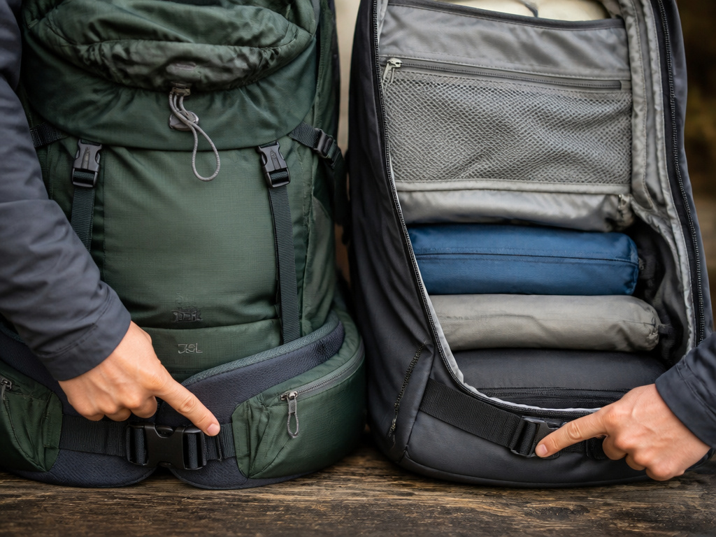 Comparison of hip belt and access design on two 35-liter backpacks.