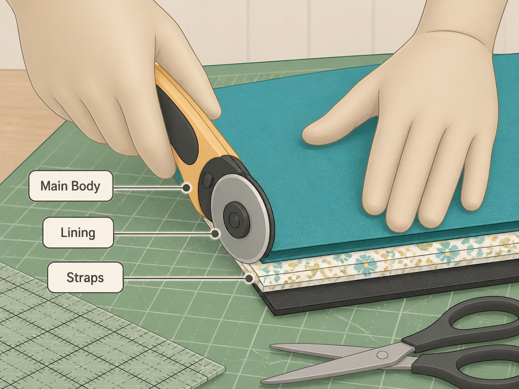 Cutting fabric pieces for a zippered tote bag with a rotary cutter and ruler.