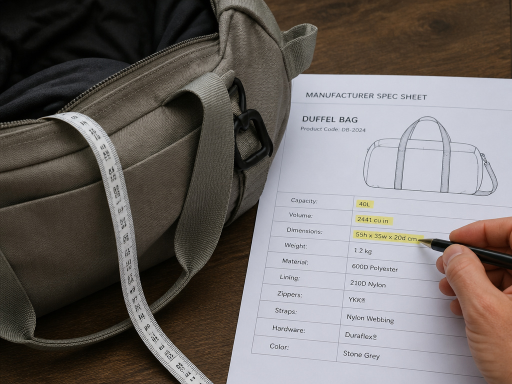 Close-up of duffel bag volume specifications on a manufacturer's technical sheet.